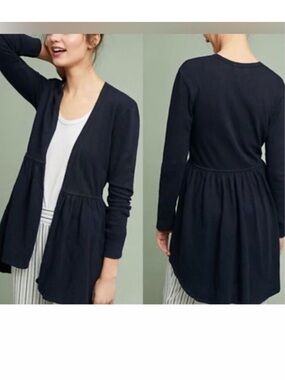 Anthropologie T.La Open Front Peplum Cardigan Sweater XS Navy Hi-Low Hem Boho